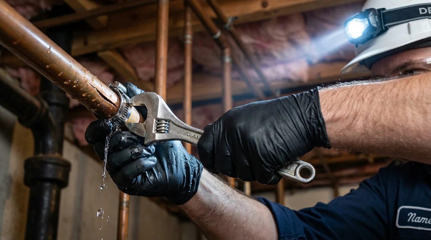 Emergency pipe clamp repair being performed by a Johns Plumbing LLC plumber in Craigsville