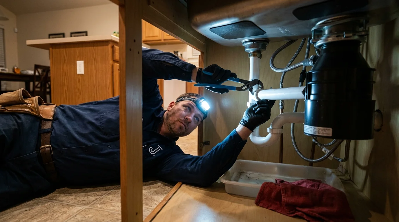 P-trap and supply line connections under a kitchen sink showing a common leak point in Craigsville, WV